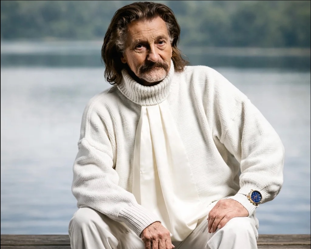 Man dressed in white sitting on a bench by the lake